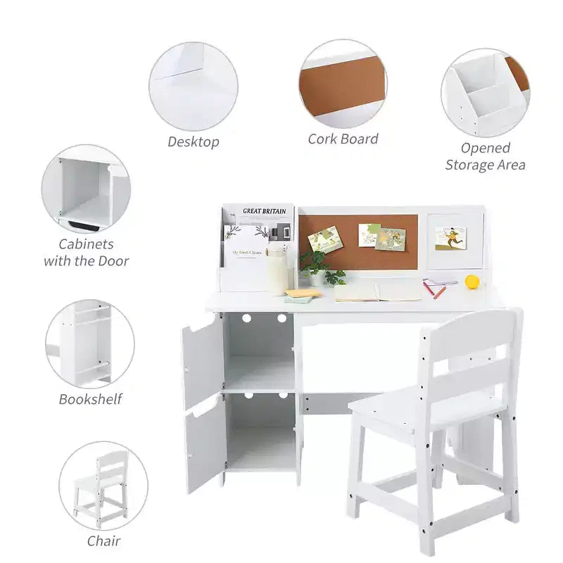 Ensemble bureau et chaise d'étude, bureau d'apprentissage pour enfants - Comprend une étagère, un tableau d'affichage, des armoires - Parfait pour les enfants de 3 à 8 ans