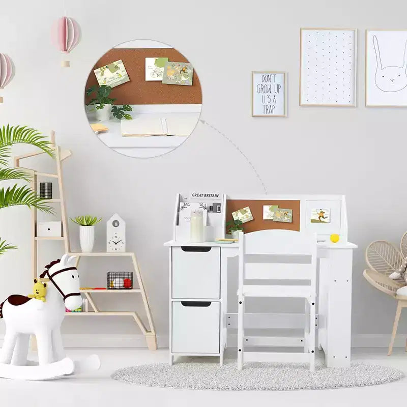 Ensemble bureau et chaise d'étude, bureau d'apprentissage pour enfants - Comprend une étagère, un tableau d'affichage, des armoires - Parfait pour les enfants de 3 à 8 ans