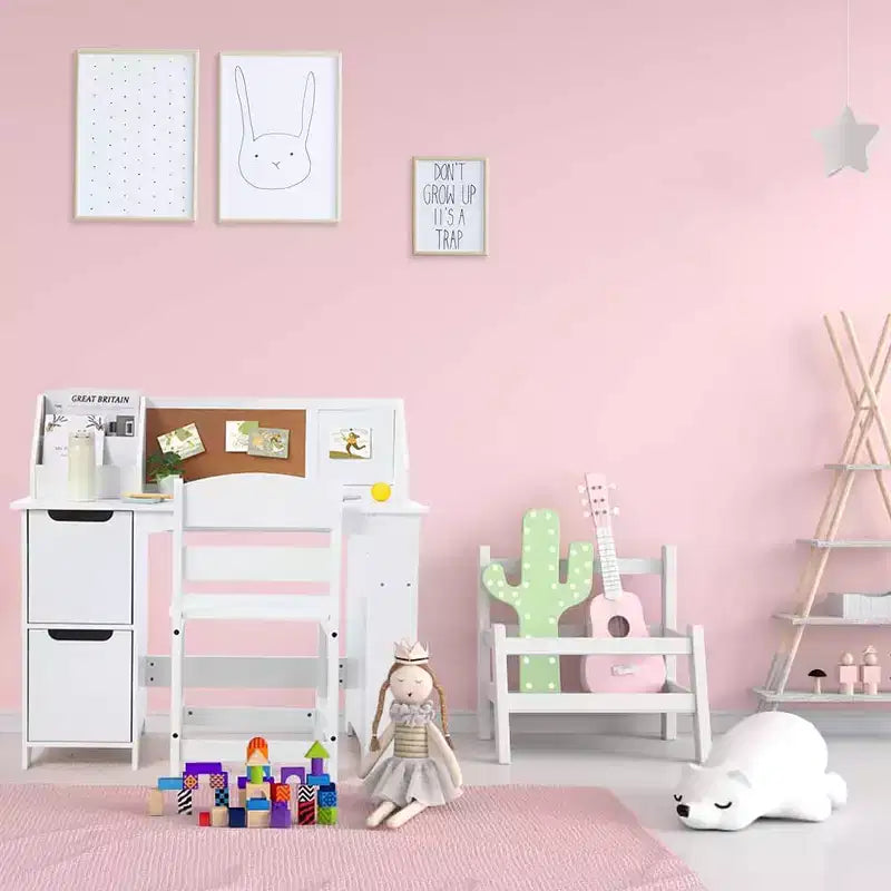 Ensemble bureau et chaise d'étude, bureau d'apprentissage pour enfants - Comprend une étagère, un tableau d'affichage, des armoires - Parfait pour les enfants de 3 à 8 ans