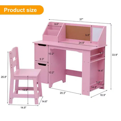 Ensemble bureau et chaise d'étude, bureau d'apprentissage pour enfants - Comprend une étagère, un tableau d'affichage, des armoires - Parfait pour les enfants de 3 à 8 ans