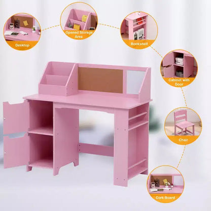 Ensemble bureau et chaise d'étude, bureau d'apprentissage pour enfants - Comprend une étagère, un tableau d'affichage, des armoires - Parfait pour les enfants de 3 à 8 ans