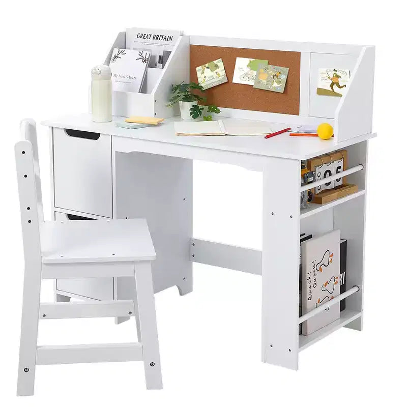 Ensemble bureau et chaise d'étude, bureau d'apprentissage pour enfants - Comprend une étagère, un tableau d'affichage, des armoires - Parfait pour les enfants de 3 à 8 ans