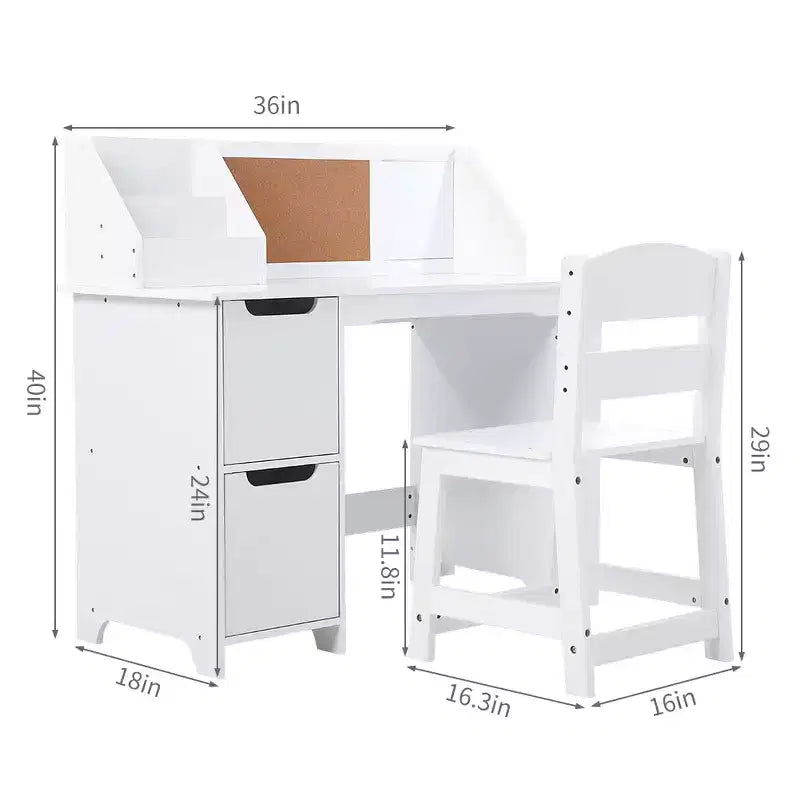 Ensemble bureau et chaise d'étude, bureau d'apprentissage pour enfants - Comprend une étagère, un tableau d'affichage, des armoires - Parfait pour les enfants de 3 à 8 ans