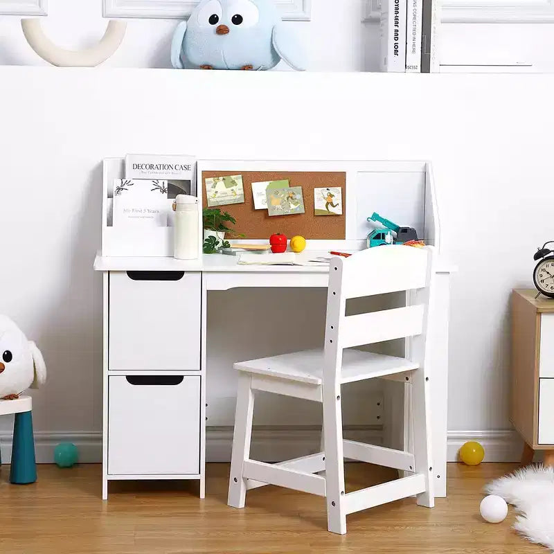 Ensemble bureau et chaise d'étude, bureau d'apprentissage pour enfants - Comprend une étagère, un tableau d'affichage, des armoires - Parfait pour les enfants de 3 à 8 ans