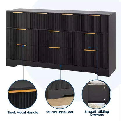 Commode cannelée pour chambre à coucher avec 10 tiroirs, commode moderne de 150 cm de large avec cadre en bois, meuble TV, organisateur de rangement de vêtements en bois