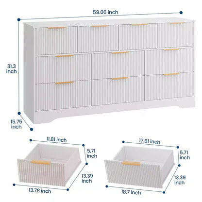 Commode cannelée pour chambre à coucher avec 10 tiroirs, commode moderne de 150 cm de large avec cadre en bois, meuble TV, organisateur de rangement de vêtements en bois