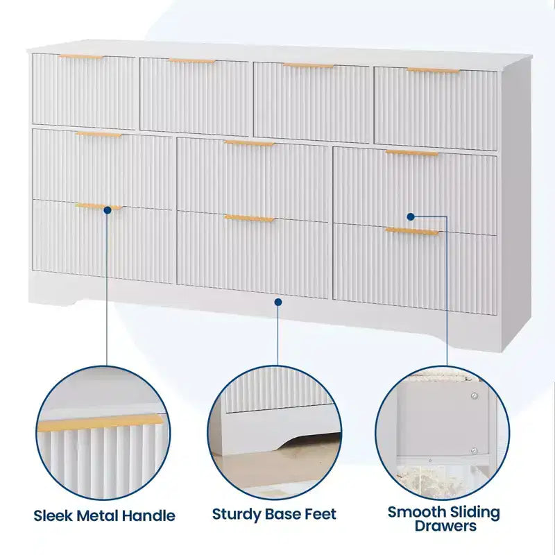 Commode cannelée pour chambre à coucher avec 10 tiroirs, commode moderne de 150 cm de large avec cadre en bois, meuble TV, organisateur de rangement de vêtements en bois