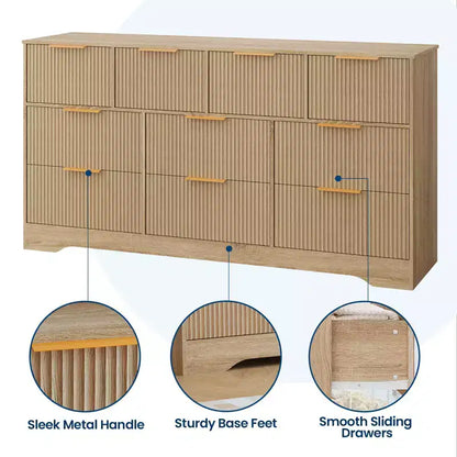 Commode cannelée pour chambre à coucher avec 10 tiroirs, commode moderne de 150 cm de large avec cadre en bois, meuble TV, organisateur de rangement de vêtements en bois