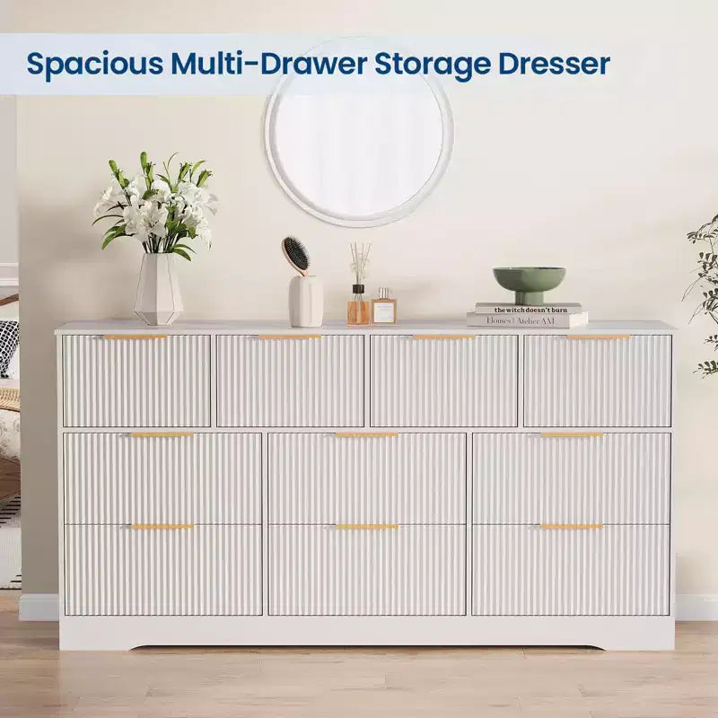 Commode cannelée pour chambre à coucher avec 10 tiroirs, commode moderne de 150 cm de large avec cadre en bois, meuble TV, organisateur de rangement de vêtements en bois