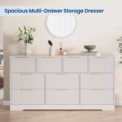 Commode cannelée pour chambre à coucher avec 10 tiroirs, commode moderne de 150 cm de large avec cadre en bois, meuble TV, organisateur de rangement de vêtements en bois
