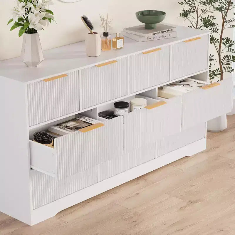 Commode cannelée pour chambre à coucher avec 10 tiroirs, commode moderne de 150 cm de large avec cadre en bois, meuble TV, organisateur de rangement de vêtements en bois