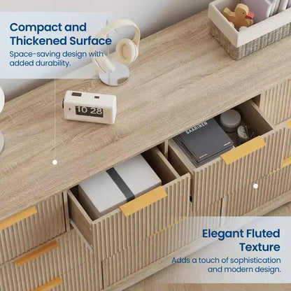 Commode cannelée pour chambre à coucher avec 10 tiroirs, commode moderne de 150 cm de large avec cadre en bois, meuble TV, organisateur de rangement de vêtements en bois