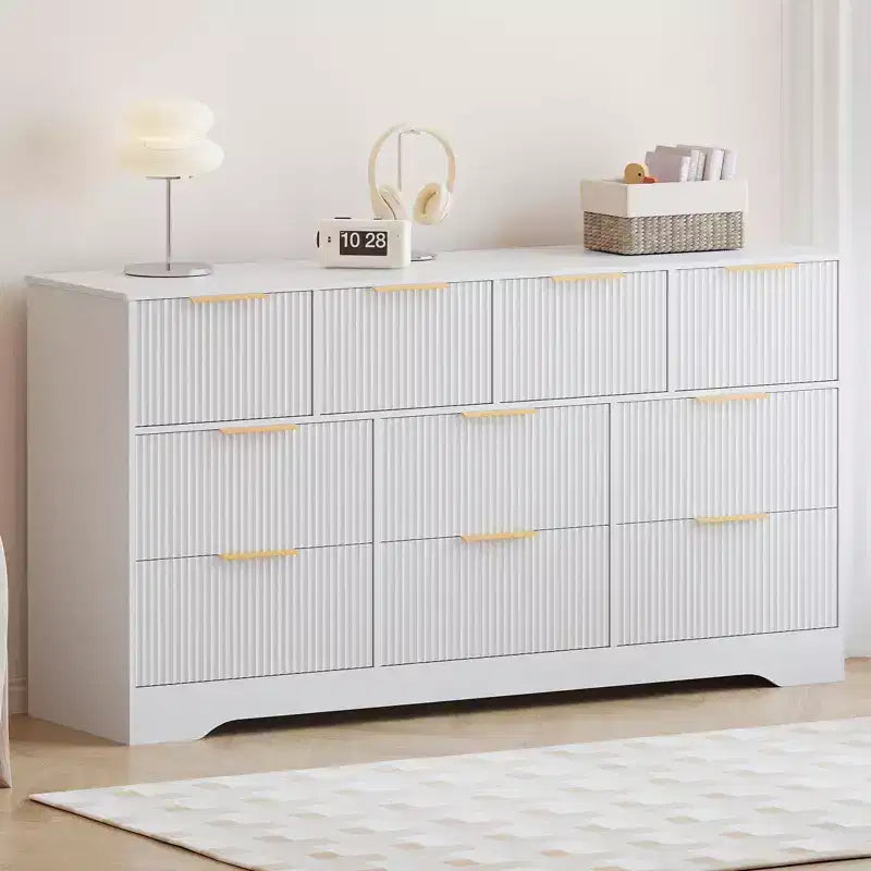 Commode cannelée pour chambre à coucher avec 10 tiroirs, commode moderne de 150 cm de large avec cadre en bois, meuble TV, organisateur de rangement de vêtements en bois