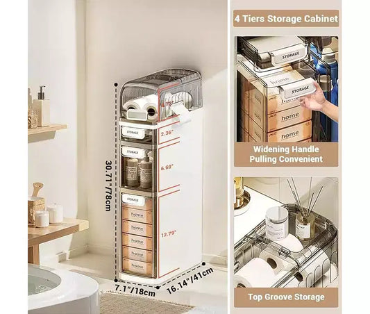 Meuble de Rangement Fin à 4 Niveaux avec Roulettes, Organiseur Autonome de 18 cm de Large avec 3 Tiroirs et Porte-Papier Toilette, pour Salle de Bain, Cuisine