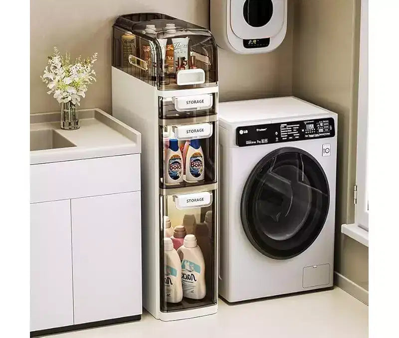 Meuble de Rangement Fin à 4 Niveaux avec Roulettes, Organiseur Autonome de 18 cm de Large avec 3 Tiroirs et Porte-Papier Toilette, pour Salle de Bain, Cuisine