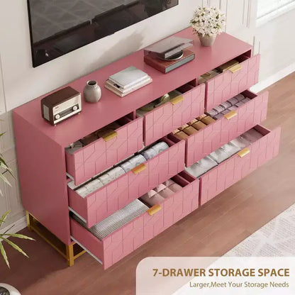 Commode GustoWave moderne rose à 7 tiroirs avec accents dorés, commode de chambre à coucher, salon, grand organisateur de rangement avec dispositif anti-basculement
