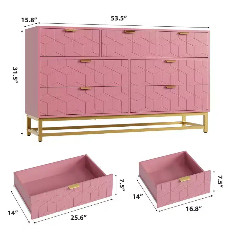 Commode GustoWave moderne rose à 7 tiroirs avec accents dorés, commode de chambre à coucher, salon, grand organisateur de rangement avec dispositif anti-basculement