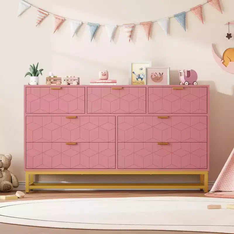 Commode GustoWave moderne rose à 7 tiroirs avec accents dorés, commode de chambre à coucher, salon, grand organisateur de rangement avec dispositif anti-basculement