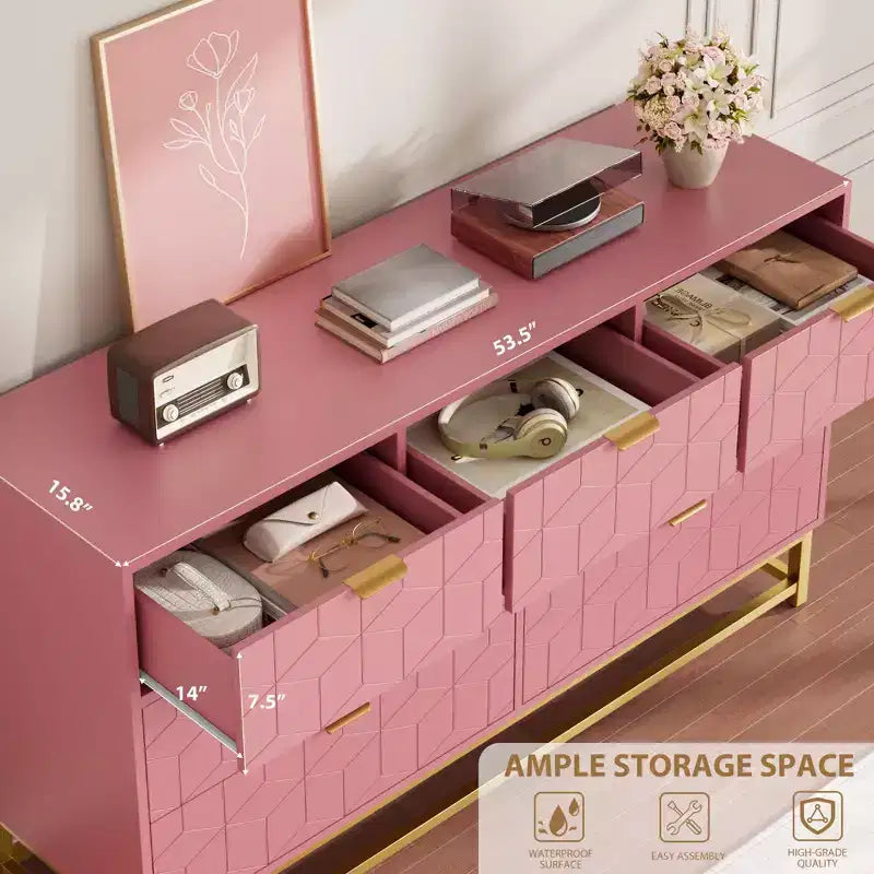 Commode GustoWave moderne rose à 7 tiroirs avec accents dorés, commode de chambre à coucher, salon, grand organisateur de rangement avec dispositif anti-basculement