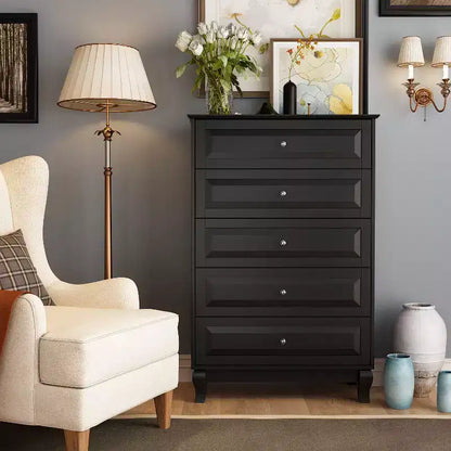 Famapy Commode verticale 5 tiroirs noire/blanche, commode avec finition brillante texturée, armoire de rangement haute, table d'appoint pour chambre/salon