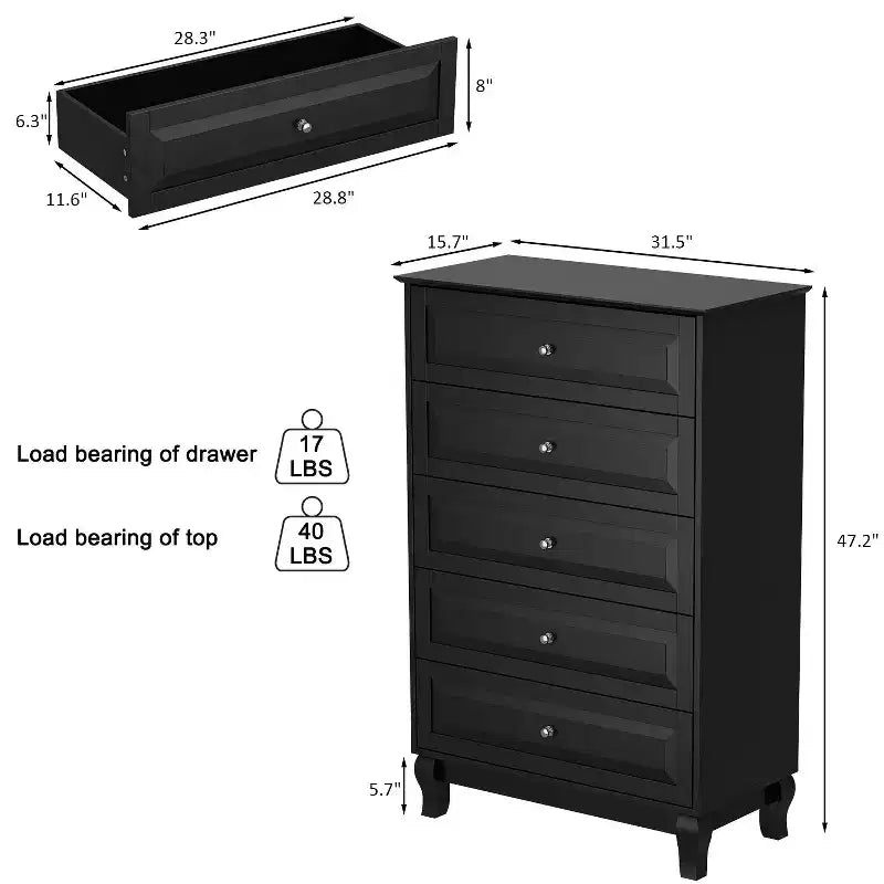 Famapy Commode verticale 5 tiroirs noire/blanche, commode avec finition brillante texturée, armoire de rangement haute, table d'appoint pour chambre/salon