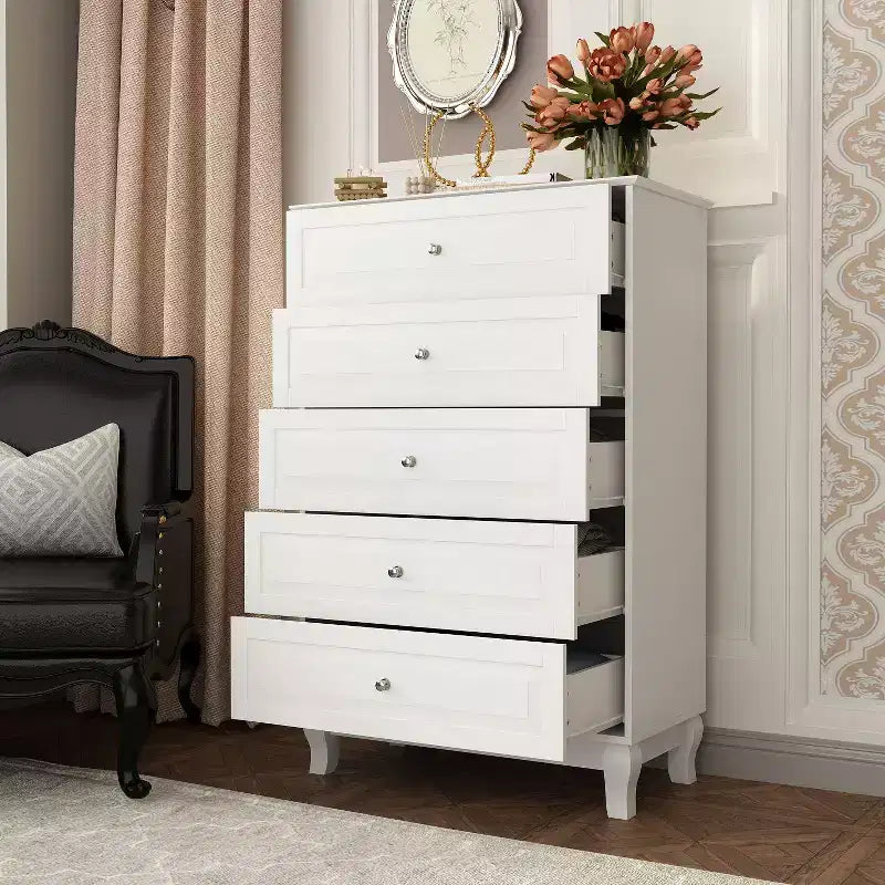 Famapy Commode verticale 5 tiroirs noire/blanche, commode avec finition brillante texturée, armoire de rangement haute, table d'appoint pour chambre/salon