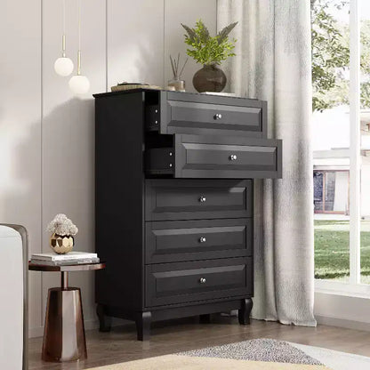 Famapy Commode verticale 5 tiroirs noire/blanche, commode avec finition brillante texturée, armoire de rangement haute, table d'appoint pour chambre/salon