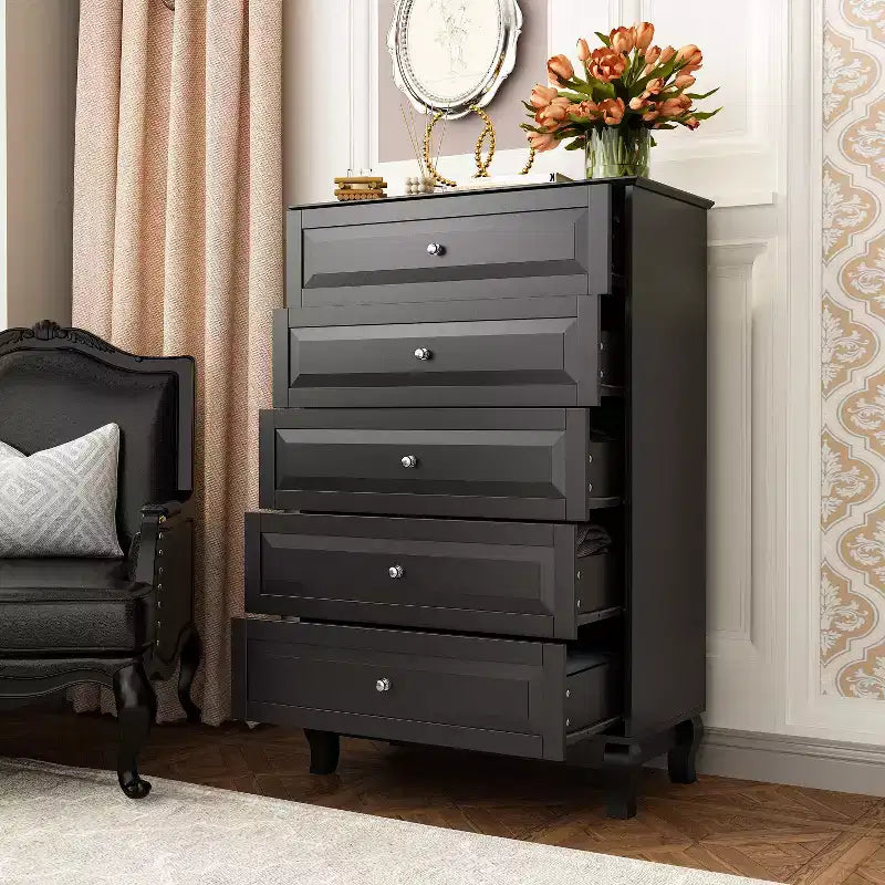Famapy Commode verticale 5 tiroirs noire/blanche, commode avec finition brillante texturée, armoire de rangement haute, table d'appoint pour chambre/salon