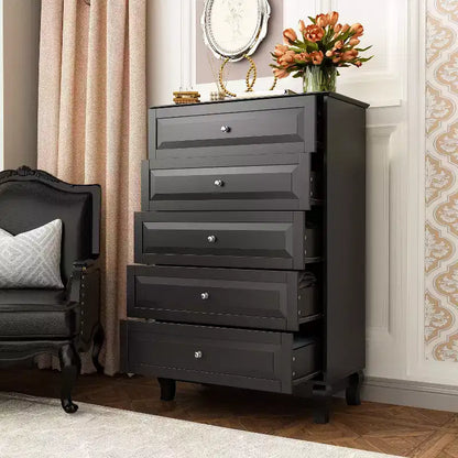 Famapy Commode verticale 5 tiroirs noire/blanche, commode avec finition brillante texturée, armoire de rangement haute, table d'appoint pour chambre/salon