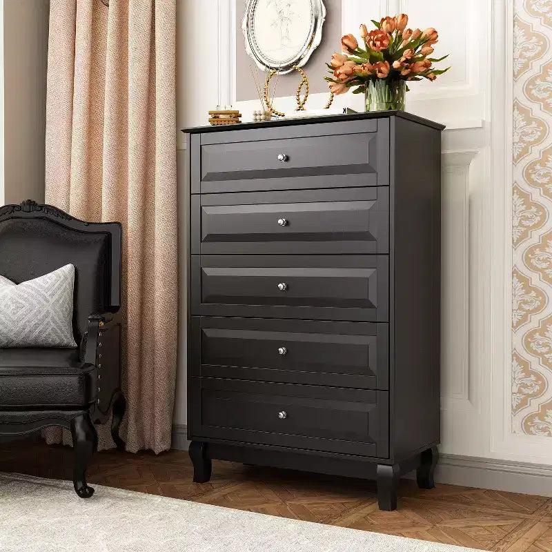 Famapy Commode verticale 5 tiroirs noire/blanche, commode avec finition brillante texturée, armoire de rangement haute, table d'appoint pour chambre/salon
