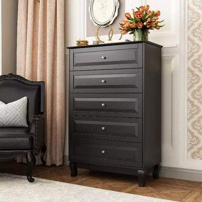Famapy Commode verticale 5 tiroirs noire/blanche, commode avec finition brillante texturée, armoire de rangement haute, table d'appoint pour chambre/salon