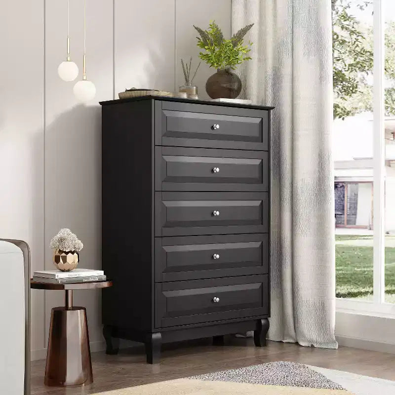 Famapy Commode verticale 5 tiroirs noire/blanche, commode avec finition brillante texturée, armoire de rangement haute, table d'appoint pour chambre/salon