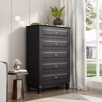 Famapy Commode verticale 5 tiroirs noire/blanche, commode avec finition brillante texturée, armoire de rangement haute, table d'appoint pour chambre/salon