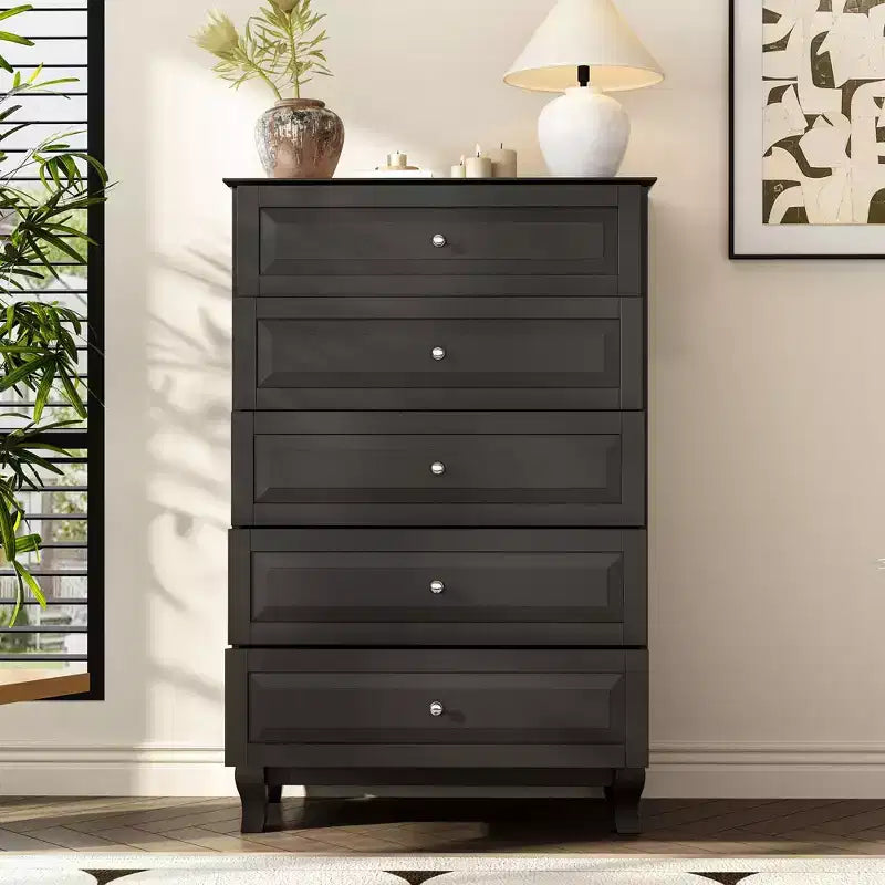 Famapy Commode verticale 5 tiroirs noire/blanche, commode avec finition brillante texturée, armoire de rangement haute, table d'appoint pour chambre/salon
