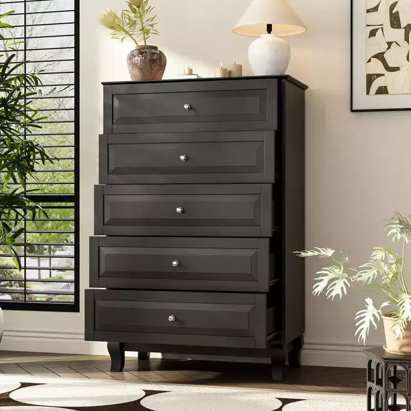 Famapy Commode verticale 5 tiroirs noire/blanche, commode avec finition brillante texturée, armoire de rangement haute, table d'appoint pour chambre/salon