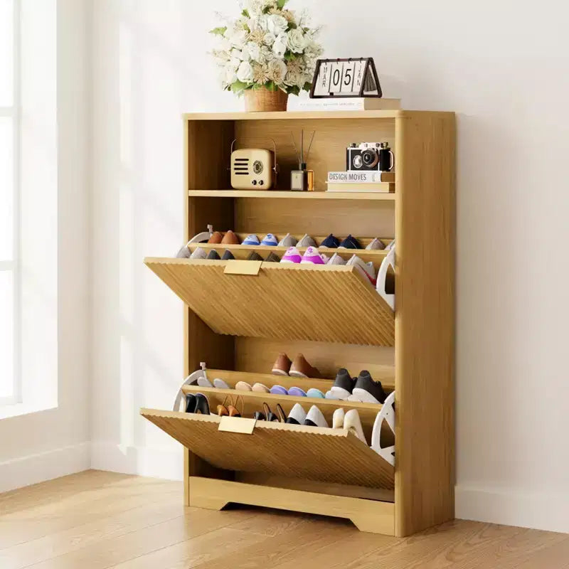 Meuble à chaussures moderne Homy Casa à 2 niveaux avec portes abattantes et étagère ouverte