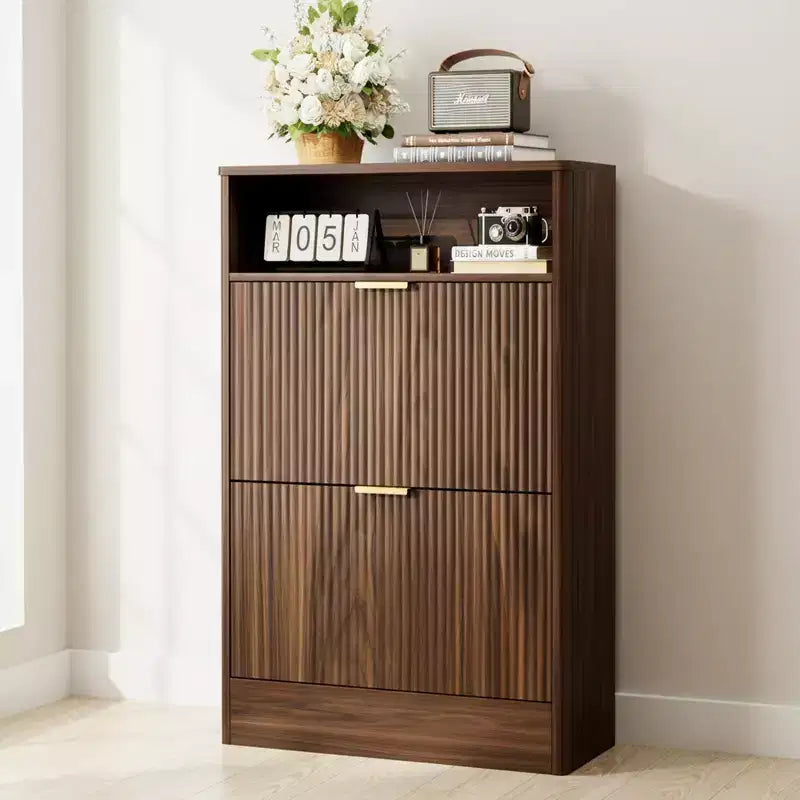 Meuble à chaussures moderne Homy Casa à 2 niveaux avec portes abattantes et étagère ouverte