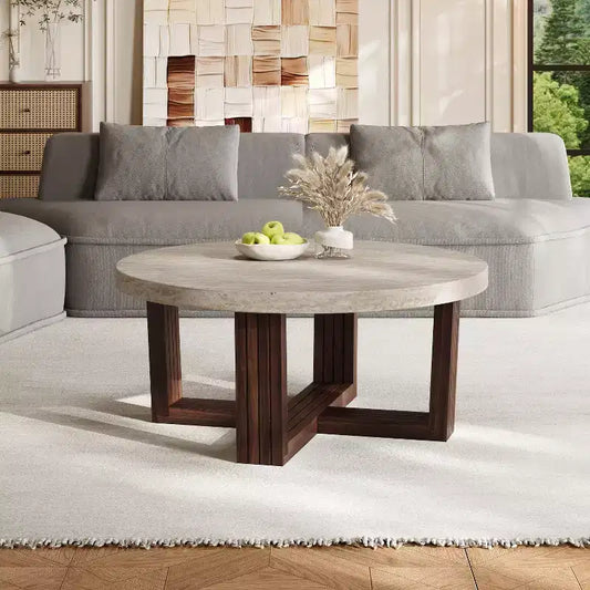 Christopher Knight Home Zarya Modern Round Coffee Table with Marble Pattern Top and Cross Base