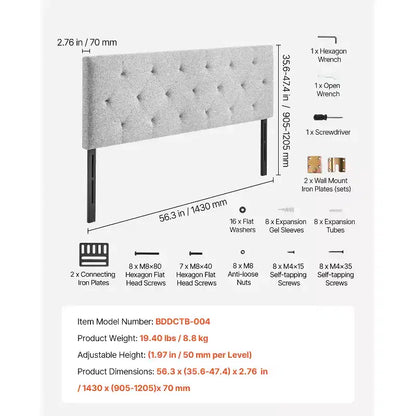 VEVOR Tête de lit, Tête de lit pleine grandeur avec hauteur réglable, capitonnage diamant confortable pour lit double, L 143 x H 90,4-120,4 cm, Gris clair
