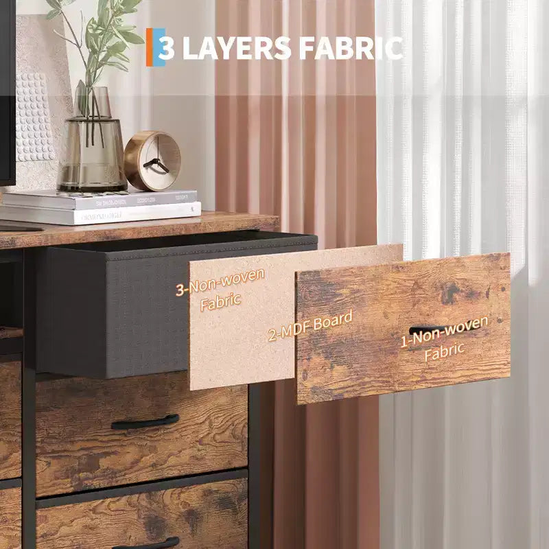 Commode à 13 tiroirs en tissu pour chambre à coucher, meuble TV long avec prise de courant et lumière LED