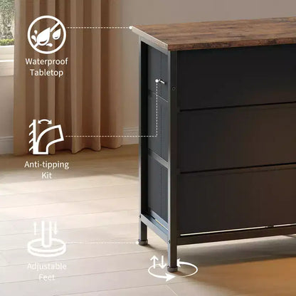 Commode à 13 tiroirs en tissu pour chambre à coucher, meuble TV long avec prise de courant et lumière LED