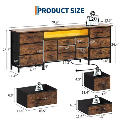 Commode à 13 tiroirs en tissu pour chambre à coucher, meuble TV long avec prise de courant et lumière LED