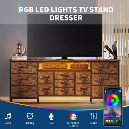 Commode à 13 tiroirs en tissu pour chambre à coucher, meuble TV long avec prise de courant et lumière LED