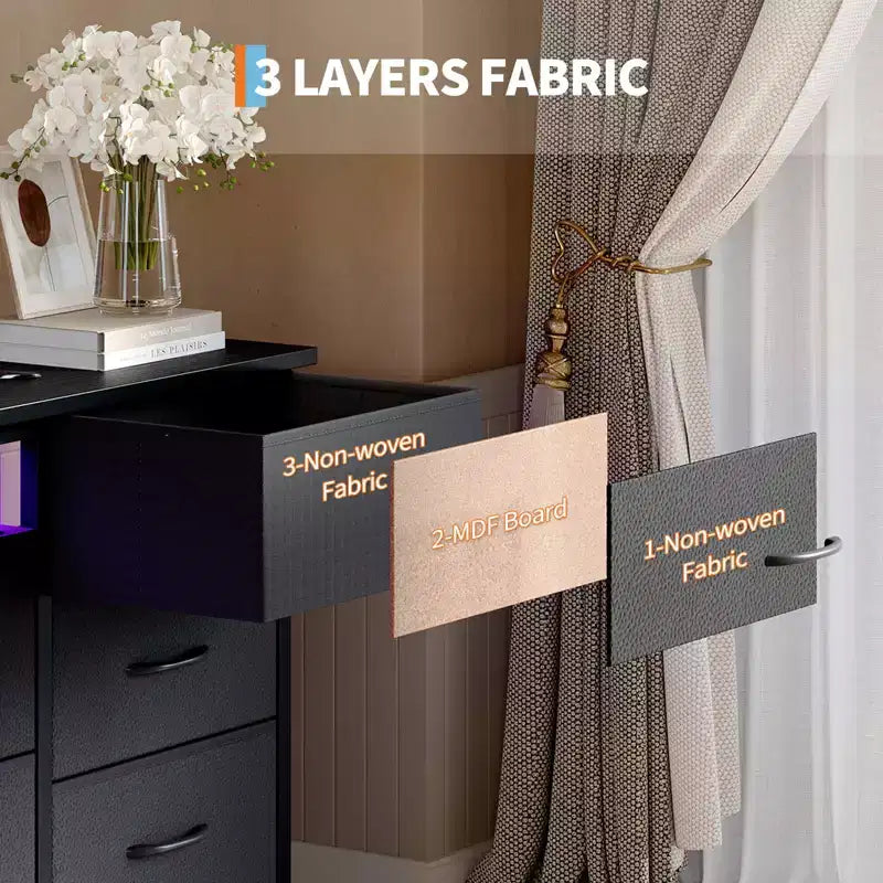 Commode à 13 tiroirs en tissu pour chambre à coucher, meuble TV long avec prise de courant et lumière LED