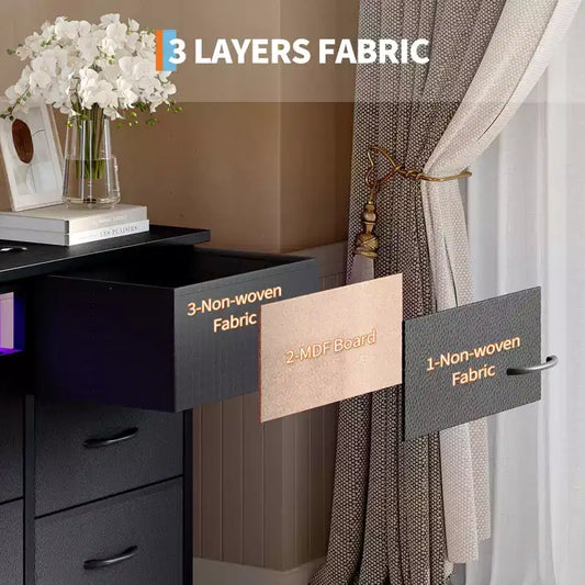 Commode à 13 tiroirs en tissu pour chambre à coucher, meuble TV long avec prise de courant et lumière LED