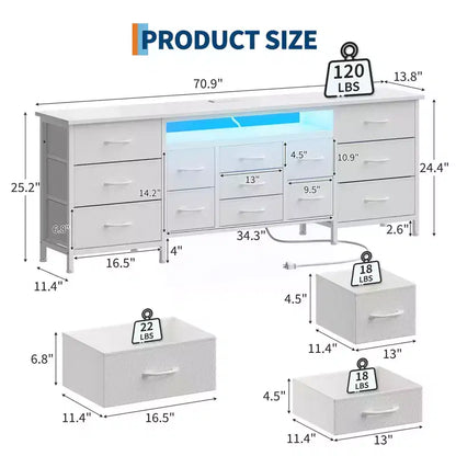 Commode à 13 tiroirs en tissu pour chambre à coucher, meuble TV long avec prise de courant et lumière LED