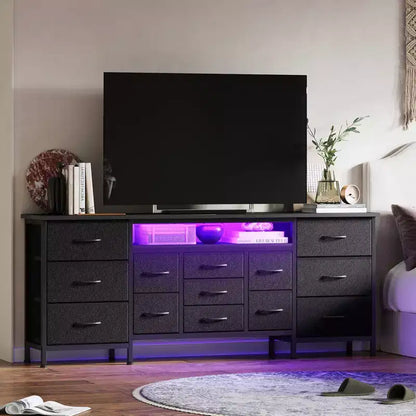 Commode à 13 tiroirs en tissu pour chambre à coucher, meuble TV long avec prise de courant et lumière LED