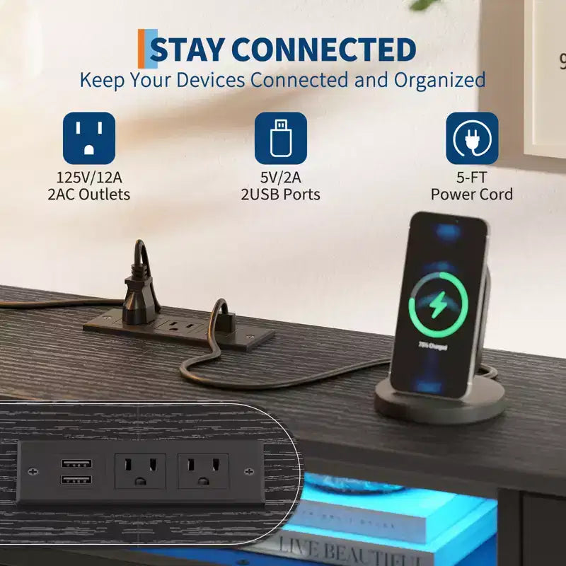 Commode à 13 tiroirs en tissu pour chambre à coucher, meuble TV long avec prise de courant et lumière LED