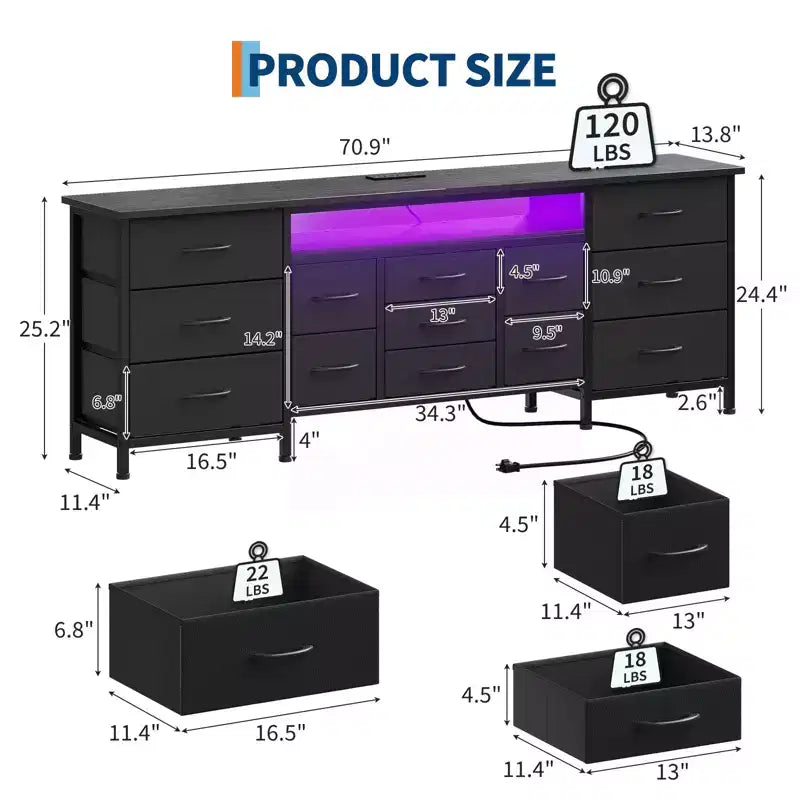 Commode à 13 tiroirs en tissu pour chambre à coucher, meuble TV long avec prise de courant et lumière LED