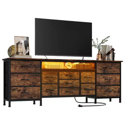 Commode à 13 tiroirs en tissu pour chambre à coucher, meuble TV long avec prise de courant et lumière LED